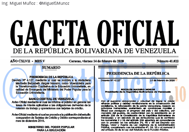 Gaceta Oficial 41822 del 14 febrero 2020 Gaceta Oficial 41822 del 14 febrero 2020