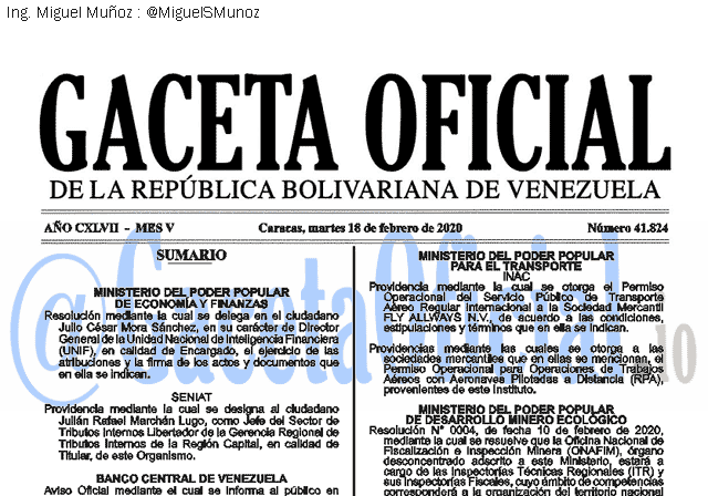 Gaceta Oficial 41824 del 18 febrero 2020 Gaceta Oficial 41824 del 18 febrero 2020