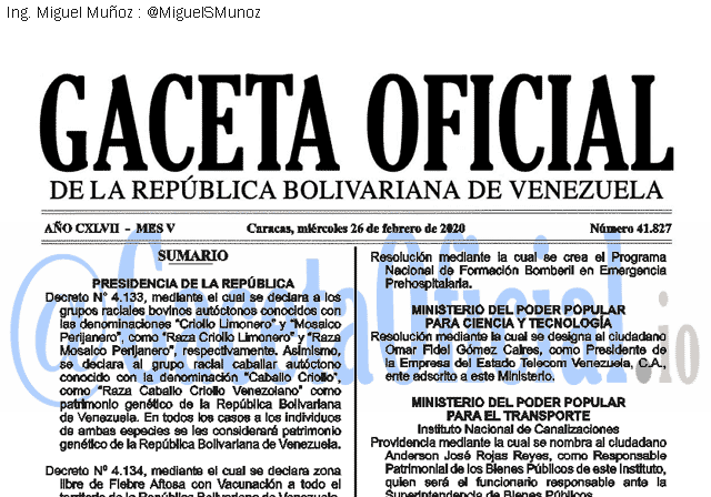 Gaceta Oficial 41827 del 26 febrero 2020 Gaceta Oficial 41827 del 26 febrero 2020