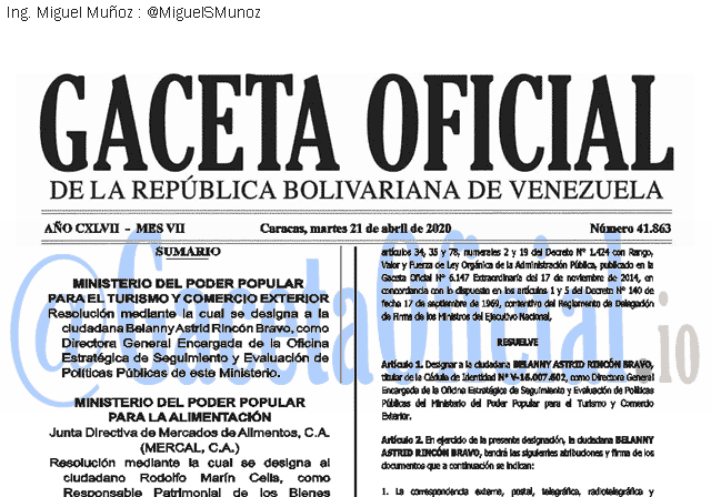 Gaceta Oficial 41863 del 21 abril 2020 Gaceta Oficial 41863 del 21 abril 2020