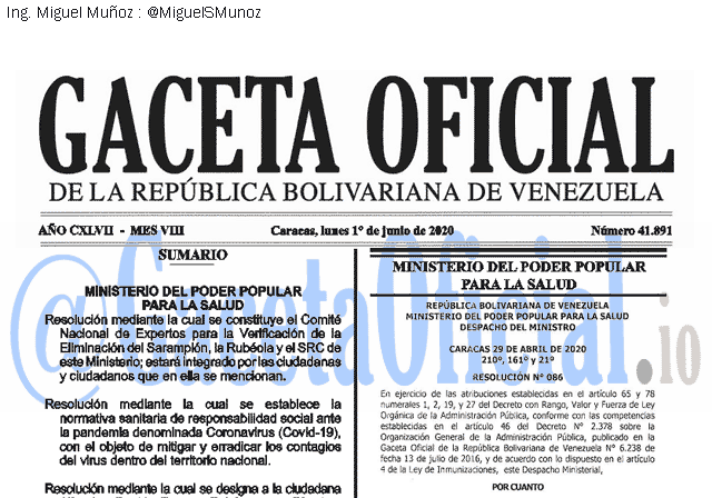 Gaceta Oficial 41891 del 1 junio 2020 Gaceta Oficial 41891 del 1 junio 2020