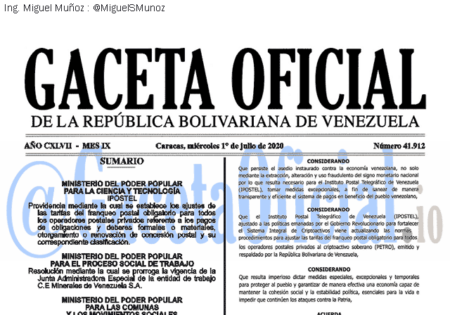 Gaceta Oficial 41912 del 1 julio 2020 Gaceta Oficial 41912 del 1 julio 2020
