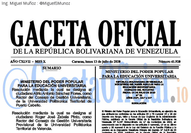 Gaceta Oficial 41920 del 13 julio 2020 Gaceta Oficial 41920 del 13 julio 2020