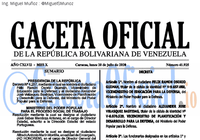 Gaceta Oficial 41925 del 20 julio 2020 Gaceta Oficial 41925 del 20 julio 2020