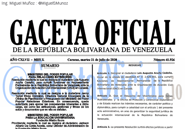 Gaceta Oficial 41926 del 21 julio 2020 Gaceta Oficial 41926 del 21 julio 2020