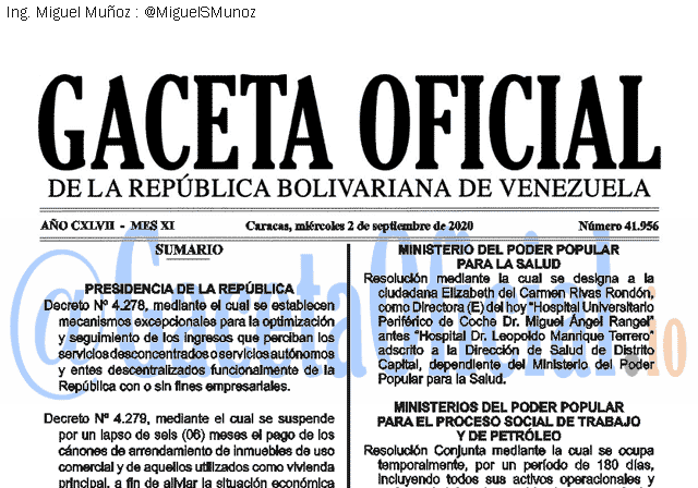 Gaceta Oficial 41956 del 2 septiembre 2020 Gaceta Oficial 41956 del 2 septiembre 2020