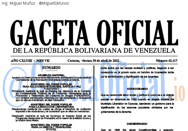Gaceta Oficial 42117 del 30 abril 2021