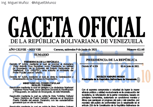 Gaceta Oficial 42145 del 9 junio 2021 Gaceta Oficial 42145 del 9 junio 2021