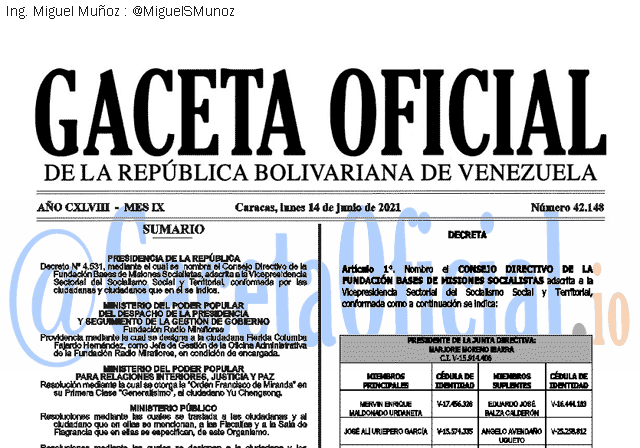 Gaceta Oficial 42148 del 14 junio 2021