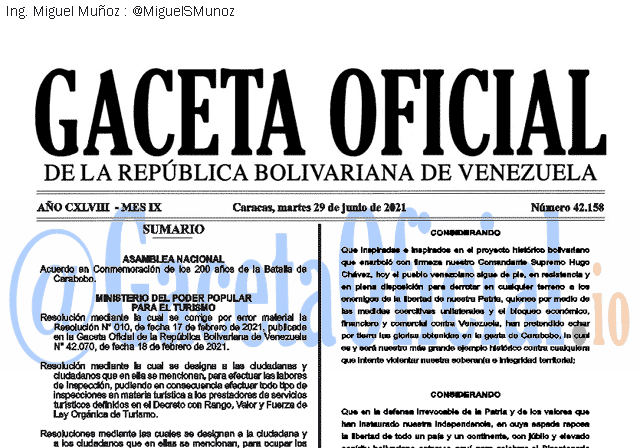 Gaceta Oficial 42158 del 29 junio 2021