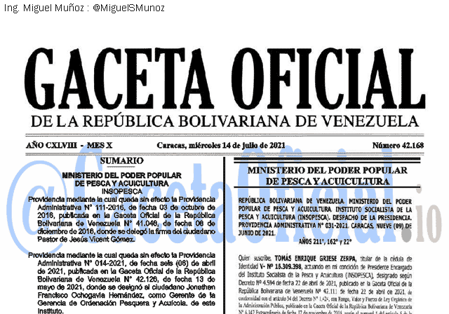 Gaceta Oficial 42168 del 14 julio 2021