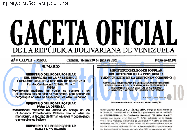 Gaceta Oficial 42180 del 30 julio 2021