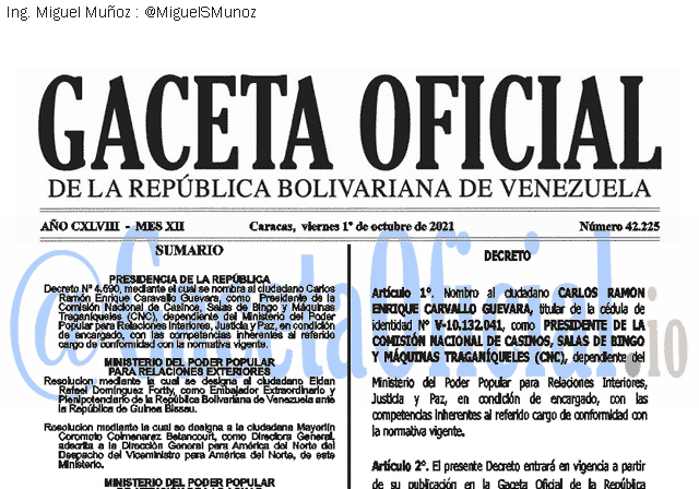 Gaceta Oficial 42225 del 1 octubre 2021
