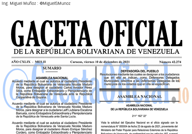 Gaceta Oficial 42274 del 10 diciembre 2021