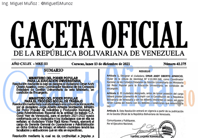 Gaceta Oficial 42275 del 13 diciembre 2021