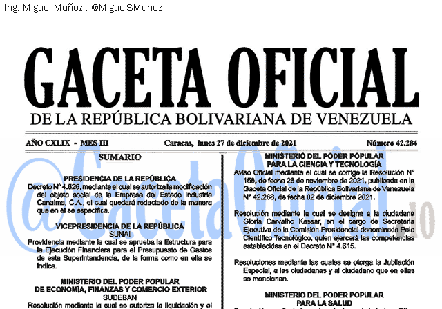 Gaceta Oficial 42284 del 27 diciembre 2021