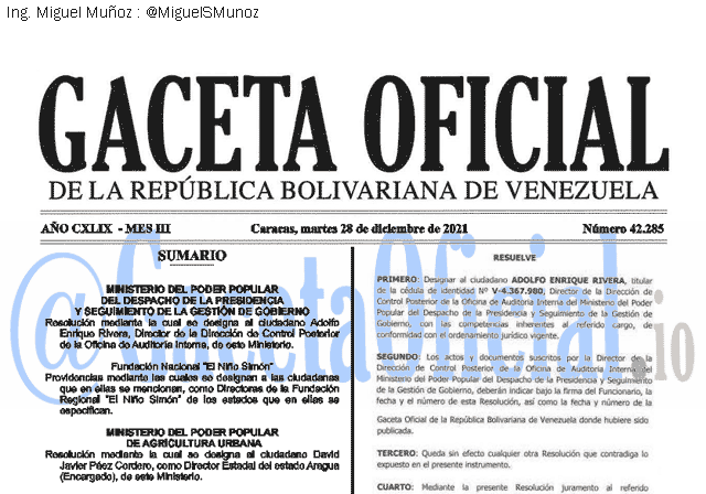 Gaceta Oficial 42285 del 28 diciembre 2021
