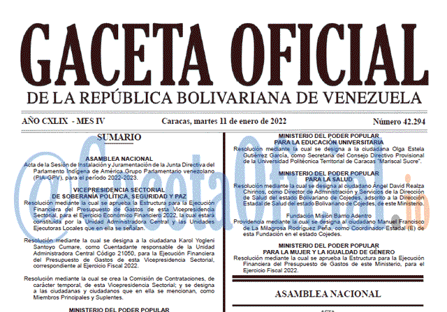 Gaceta Oficial 42294 del 11 enero 2022