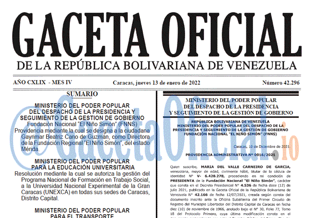 Gaceta Oficial 42296 del 13 enero 2022
