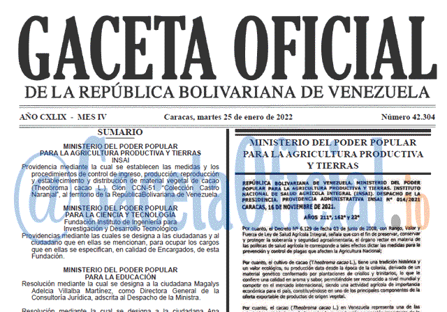 Gaceta Oficial 42304 del 25 enero 2022