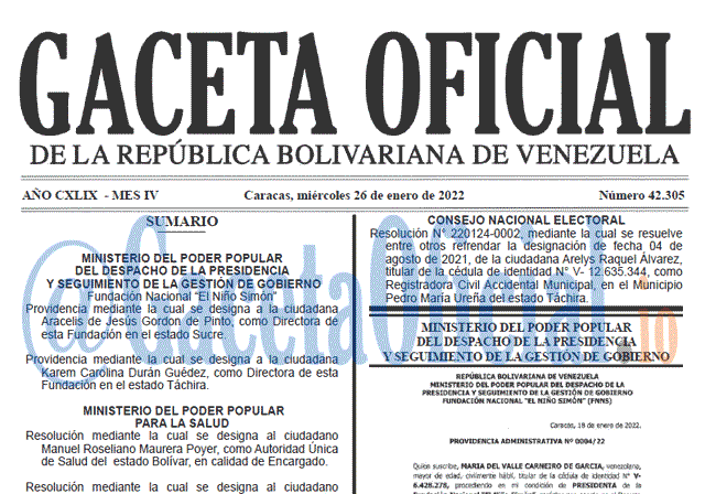 Gaceta Oficial 42305 del 26 enero 2022