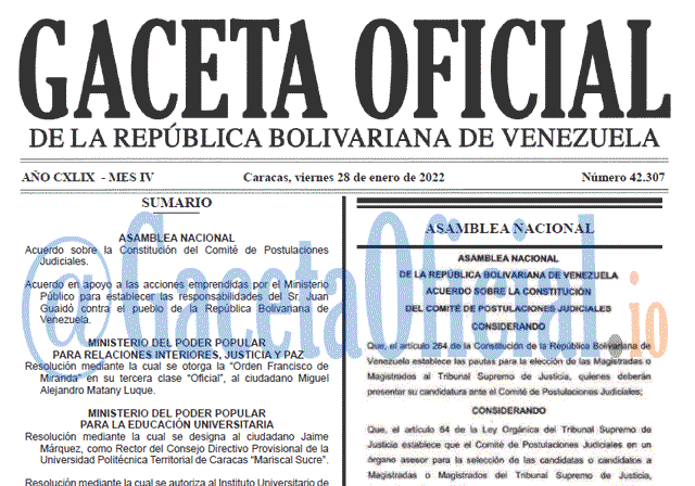 Gaceta Oficial 42307 del 28 enero 2022