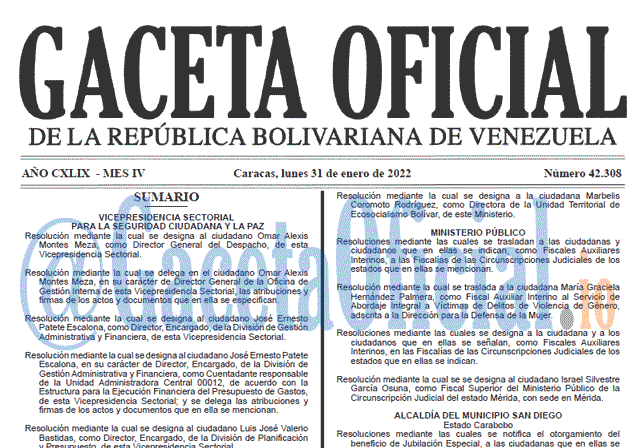 Gaceta Oficial 42308 del 31 enero 2022