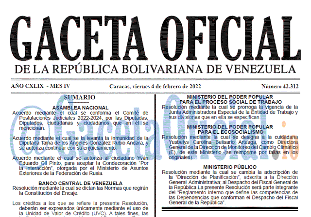 Gaceta Oficial 42312 del 4 febrero 2022