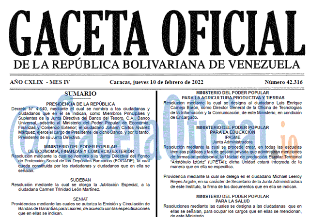 Gaceta Oficial 42316 del 10 febrero 2022