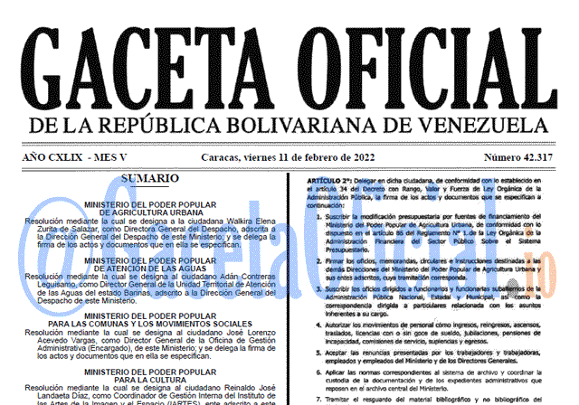 Gaceta Oficial 42317 del 11 febrero 2022