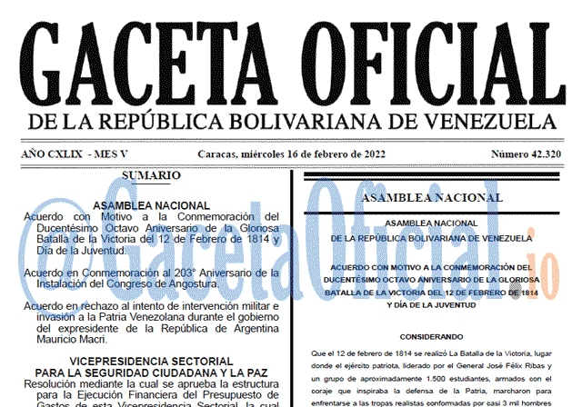 Gaceta Oficial 42320 del 16 febrero 2022