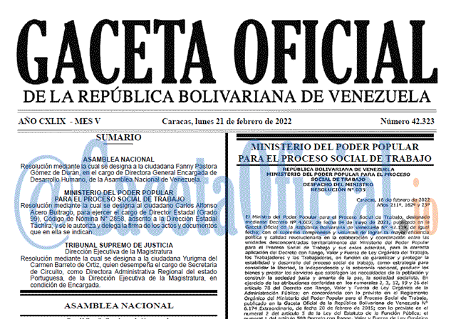 Gaceta Oficial 42323 del 21 febrero 2022