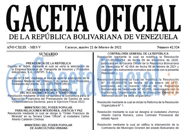 Gaceta Oficial 42324 del 22 febrero 2022