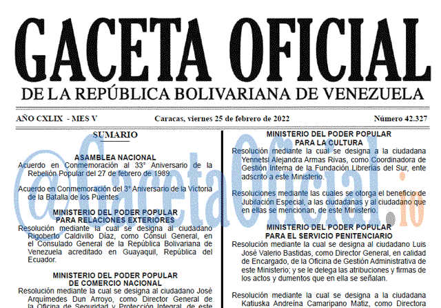 Gaceta Oficial 42327 del 25 febrero 2022