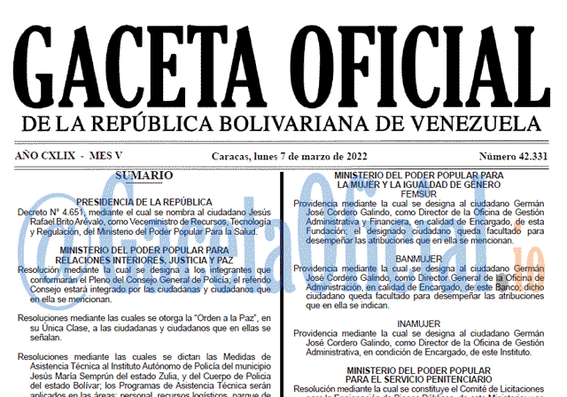 Gaceta Oficial 42331 del 7 marzo 2022 Gaceta Oficial 42331 del 7 marzo 2022