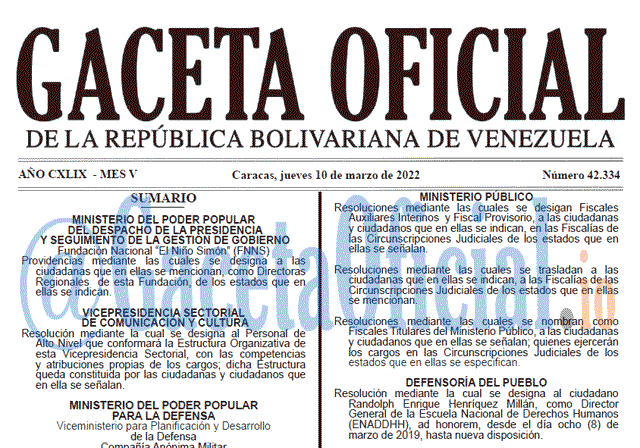 Gaceta Oficial 42334 del 10 marzo 2022