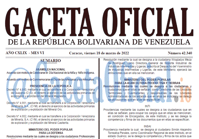 Gaceta Oficial 42340 del 18 marzo 2022