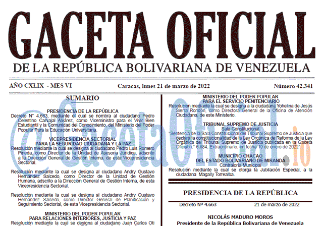 Gaceta Oficial 42341 del 21 marzo 2022