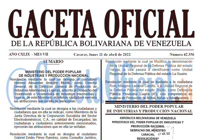 Gaceta Oficial 42356 del 11 abril 2022