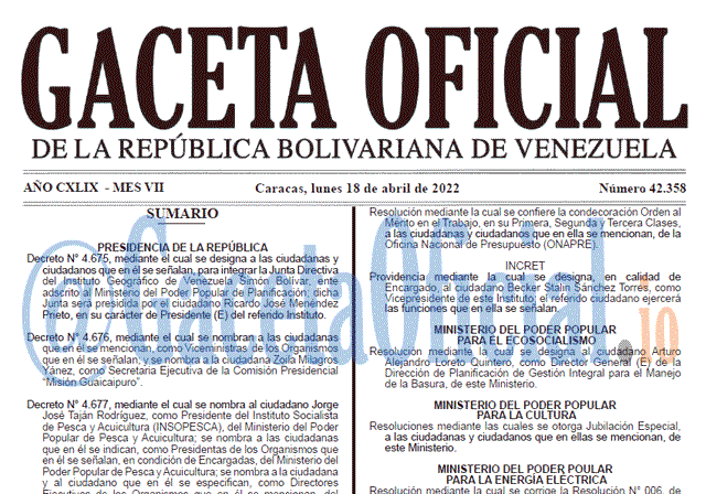 Venezuela Gaceta Oficial 42358 del 18 abril 2022