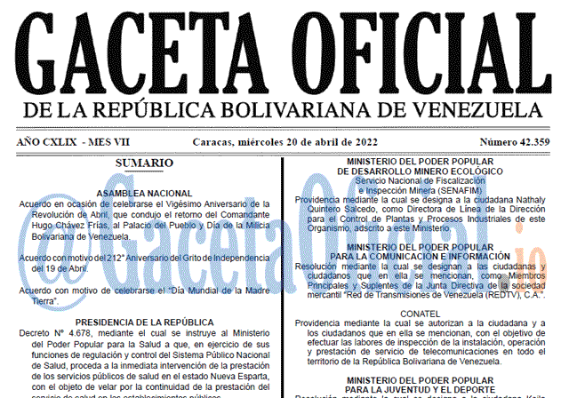 Venezuela Gaceta Oficial 42359 del 20 abril 2022