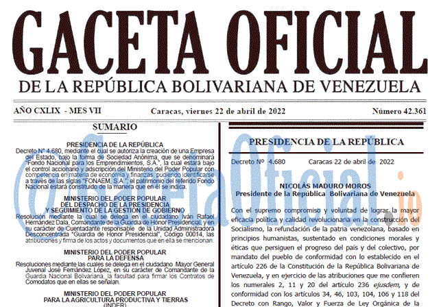 Venezuela Gaceta Oficial 42361 del 22 abril 2022