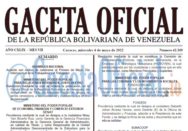 Venezuela Gaceta Oficial 42369 del 4 mayo 2022