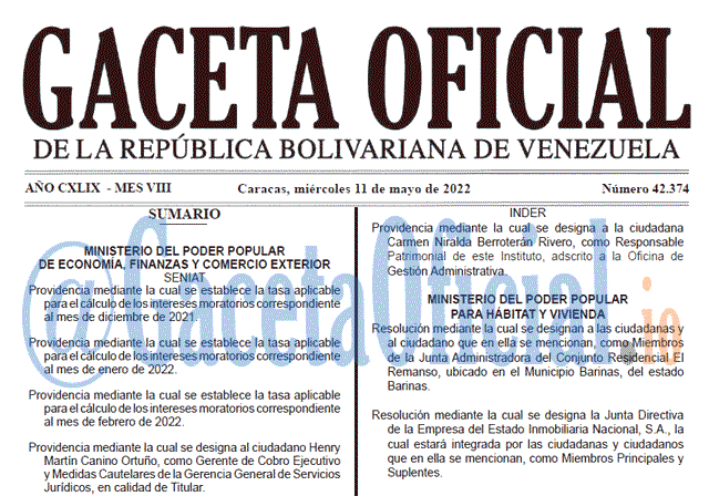 Venezuela Gaceta Oficial 42374 del 11 mayo 2022