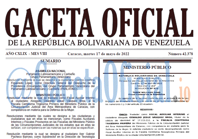 Venezuela Gaceta Oficial 42378 del 17 mayo 2022