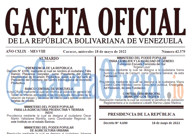 Venezuela Gaceta Oficial 42379 del 18 mayo 2022