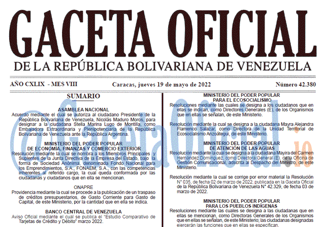 Venezuela Gaceta Oficial 42380 del 19 mayo 2022