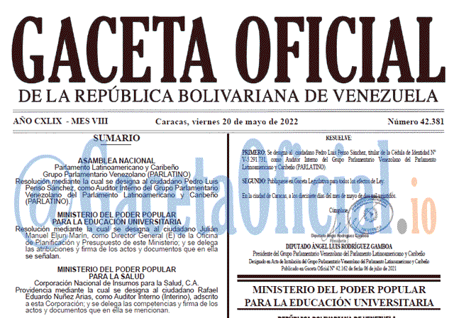 Venezuela Gaceta Oficial 42381 del 20 mayo 2022