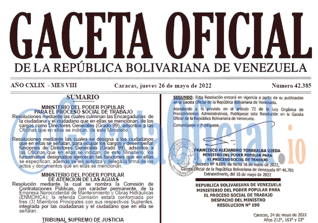 Venezuela Gaceta Oficial 42385 del 26 mayo 2022