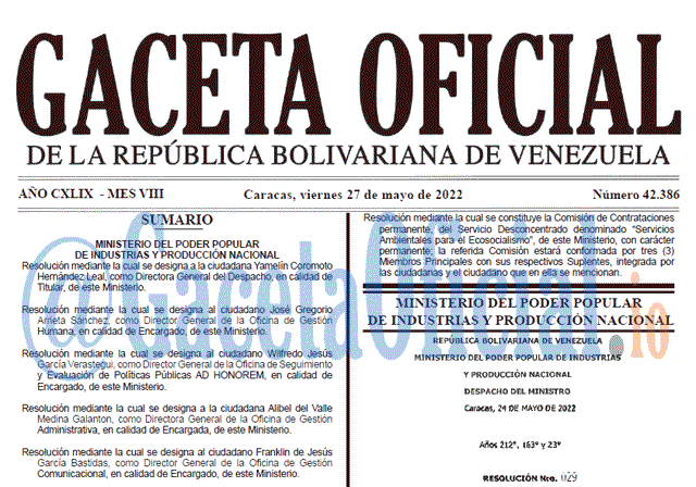 Venezuela Gaceta Oficial 42386 del 27 mayo 2022